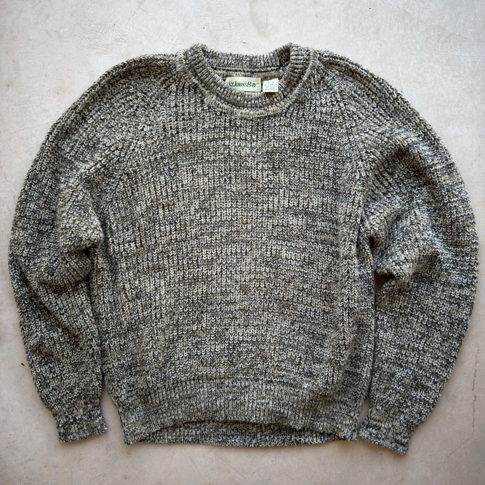 Vintage St Johns Bay Mens Large Marled Knit Sweater Grey Brown Raglan Crewneck